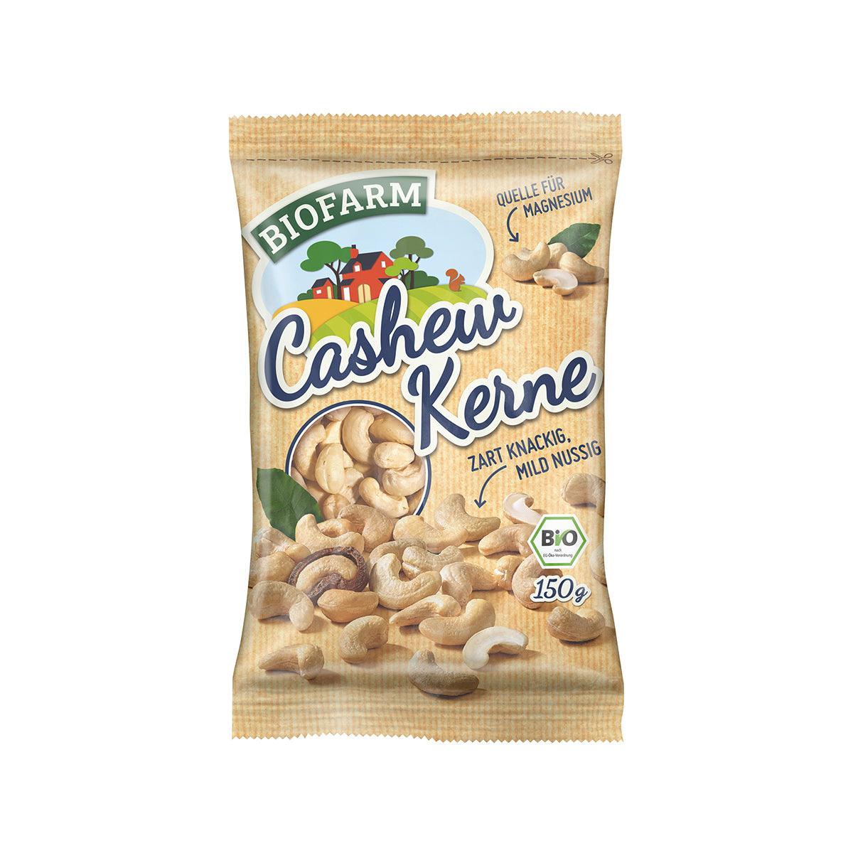 Organic raw cashew nut kernels, 150 g pouch with visible nut pieces