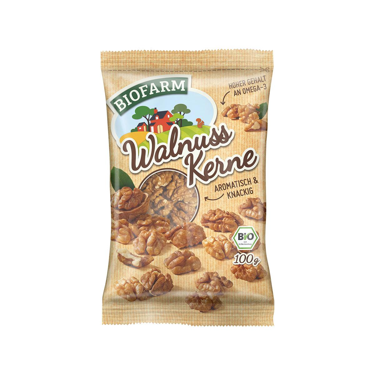 Raw organic walnut kernels pouch, 100g, sealed bag with walnut pieces
