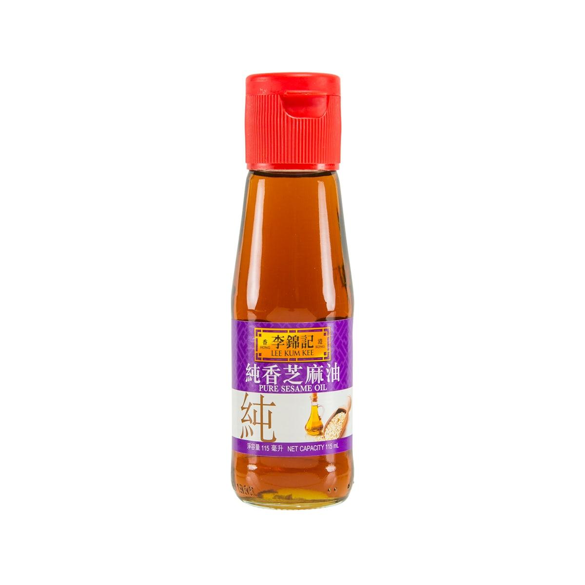 Amber sesame oil bottle with red cap and purple LEE KUM KEE label