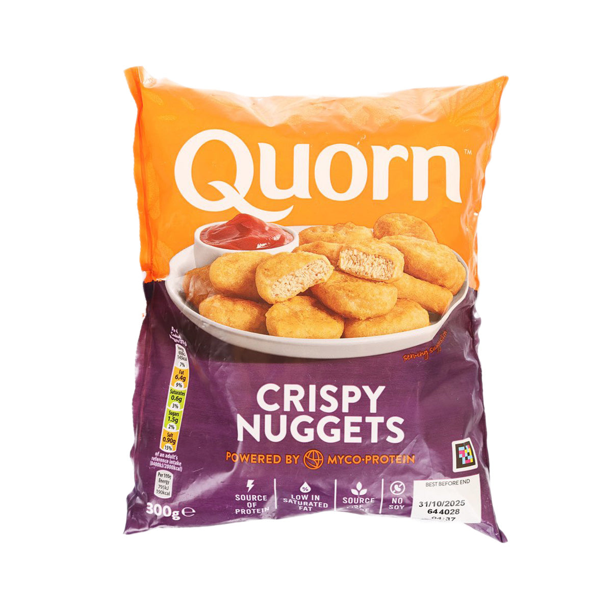 QUORN crispy nuggets bag showing golden chicken-style nugget pieces.