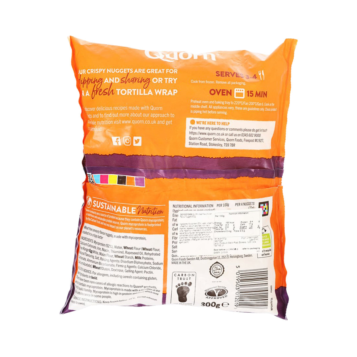 QUORN meat-free nugget bag back panel with serving and nutrition information.