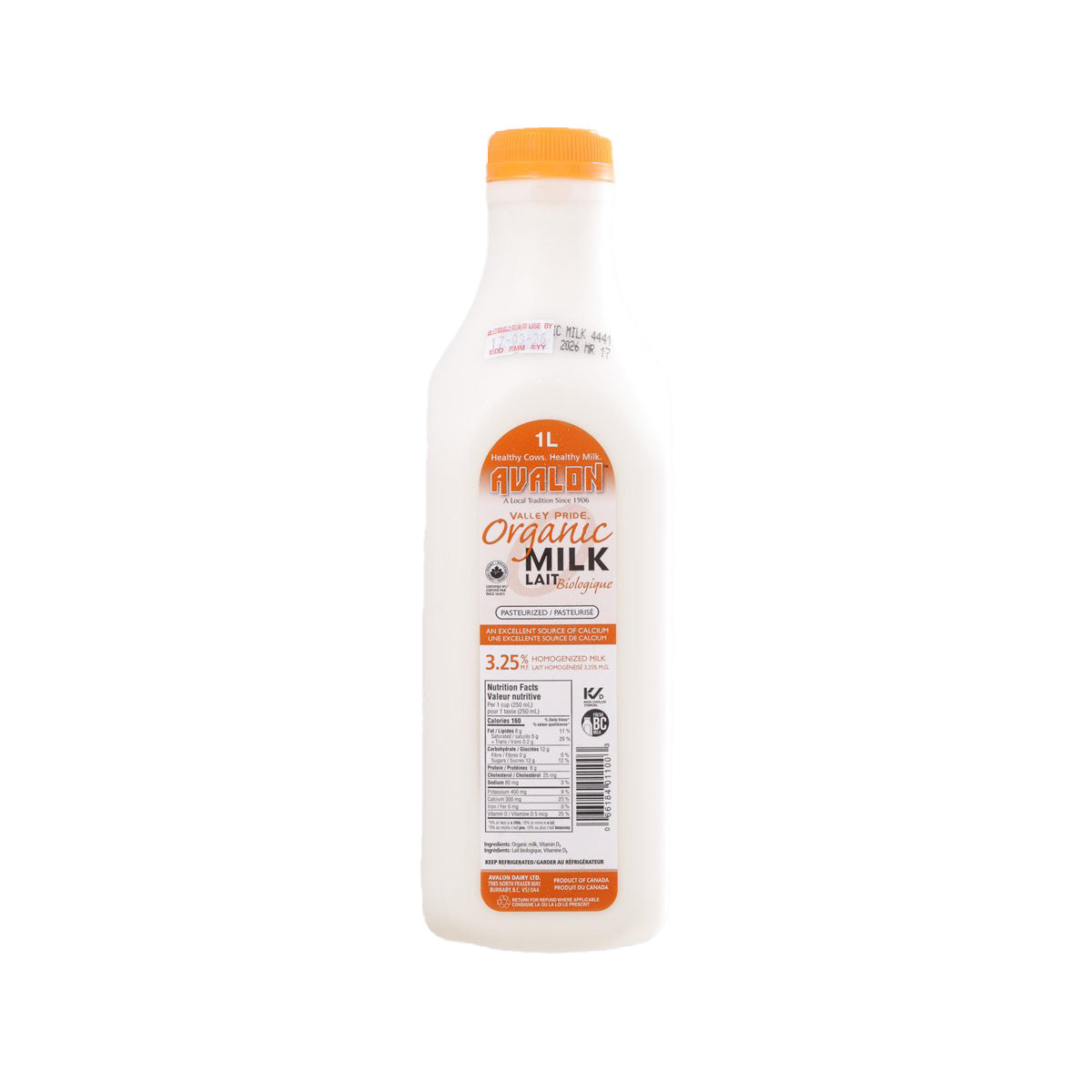 Organic homogenized milk bottle, 1L, orange cap, front label