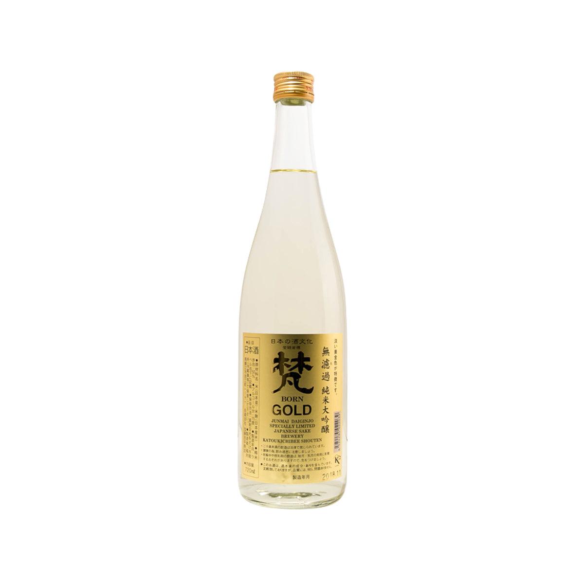 BORN Gold Junmai Daiginjo sake bottle with gold cap, clear glass and pale liquid