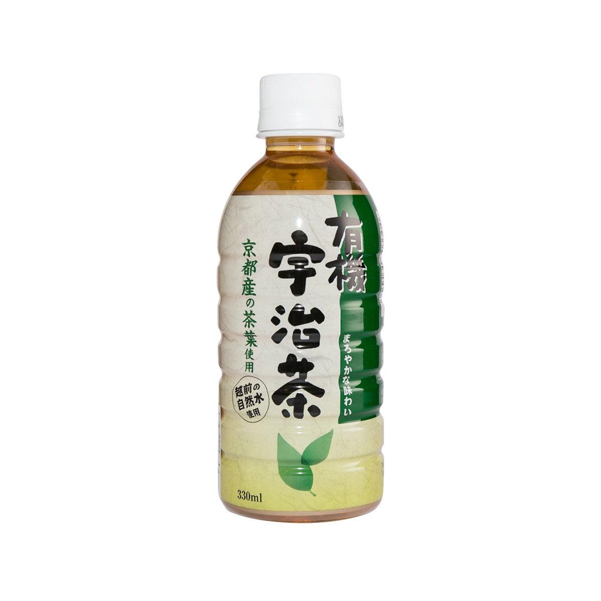 Uji green tea bottle, 330 mL, amber bottle with white cap and front label