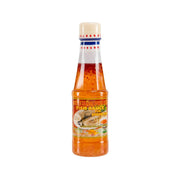 CHL fish sauce for spring rolls, clear bottle with amber liquid and red cap