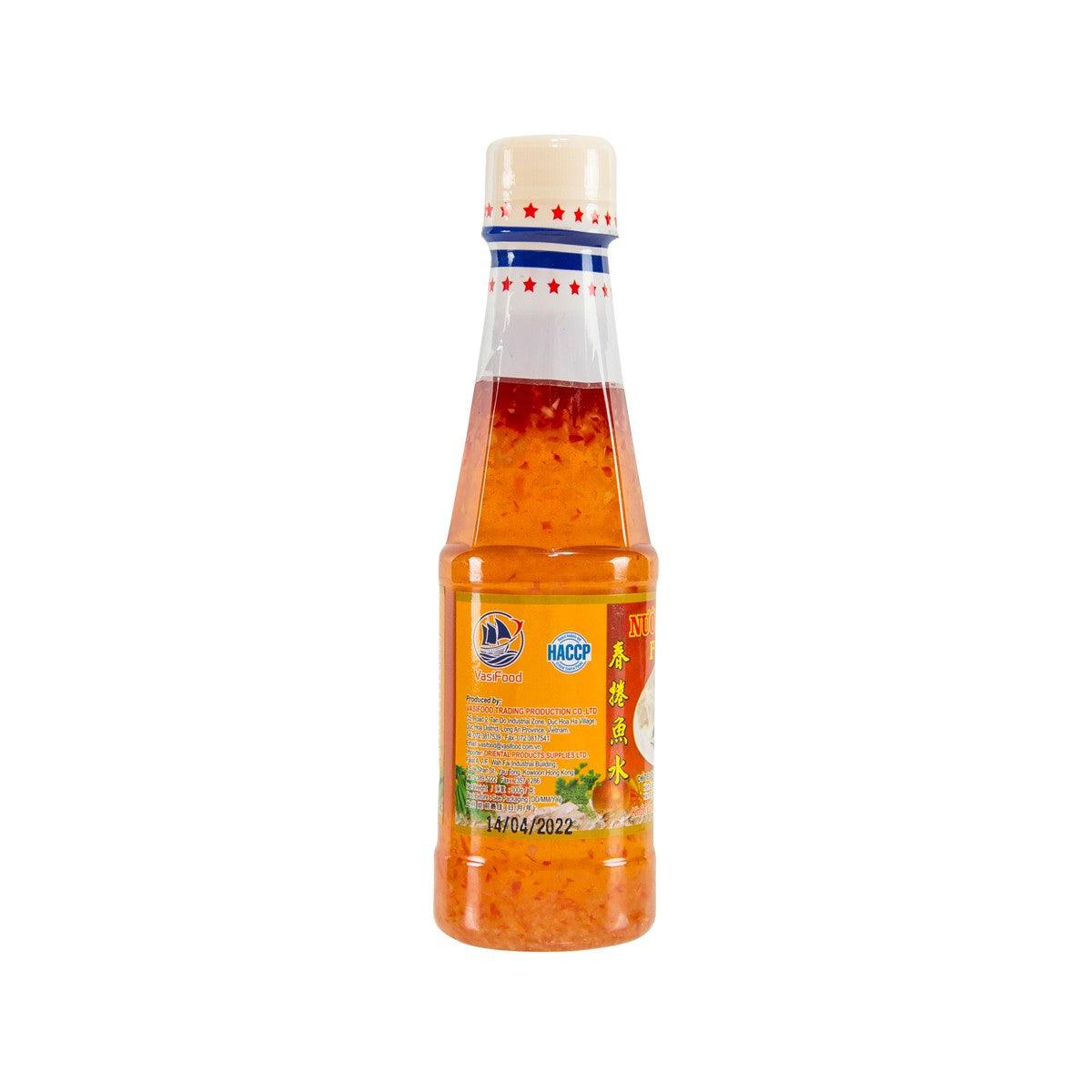 CHL fish sauce bottle for spring rolls, back label view with amber liquid
