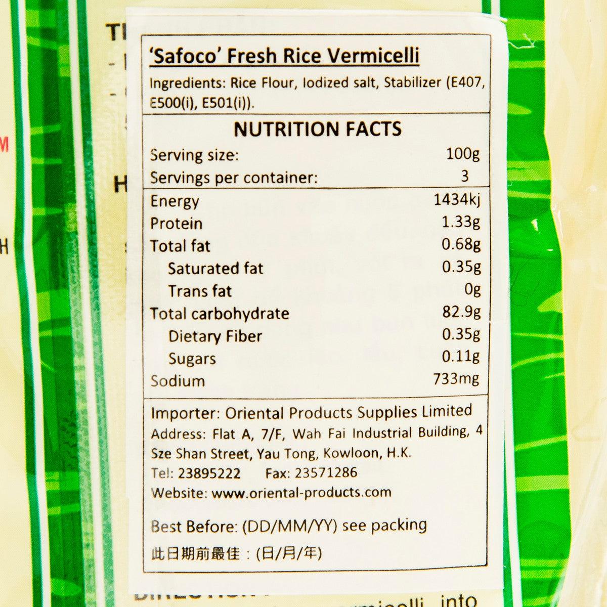 SAFOCO rice vermicelli nutrition facts label close-up