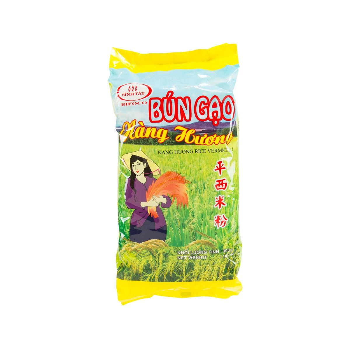 Rice vermicelli bag in bright yellow packaging with colorful front label