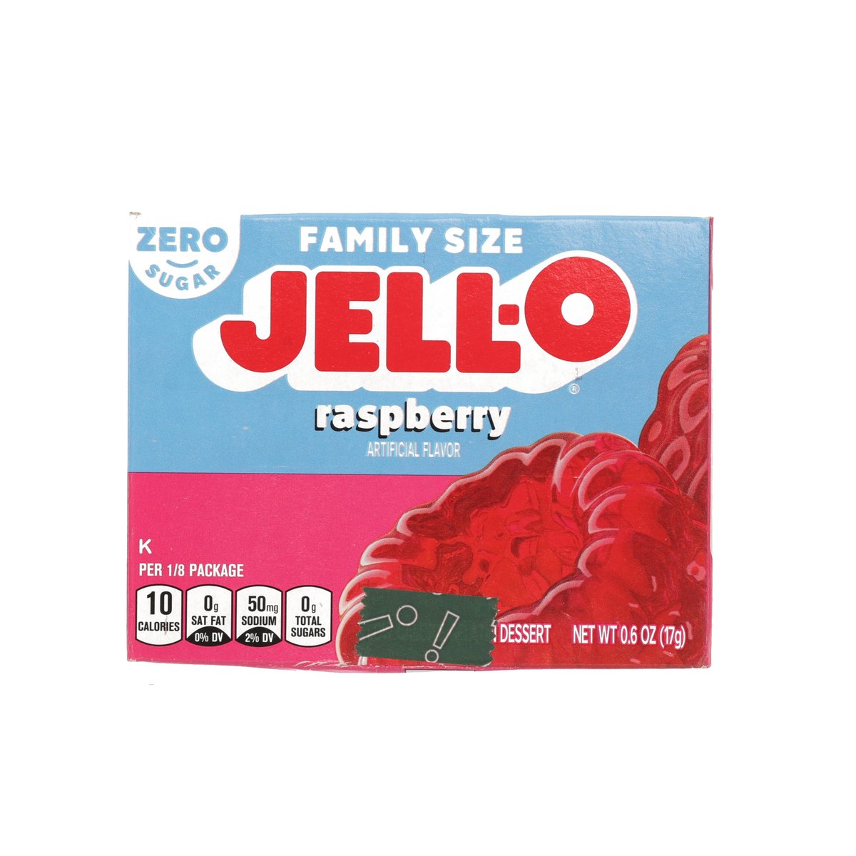 JELL-O Zero Sugar raspberry gelatin dessert mix box, family size, front label