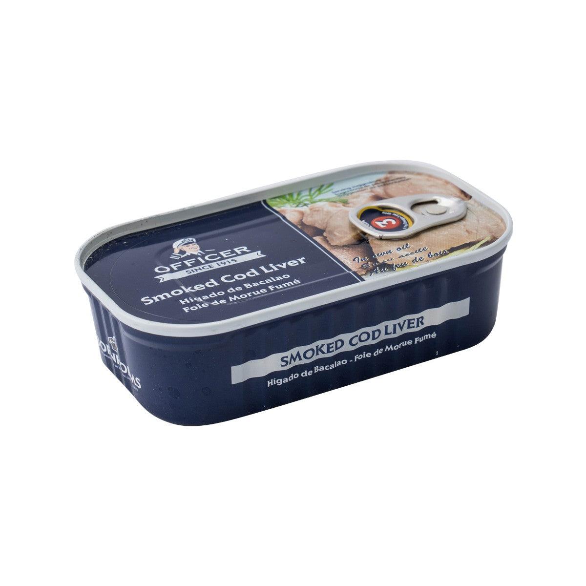 OFFICER smoked cod liver tin with blue lid and printed front label