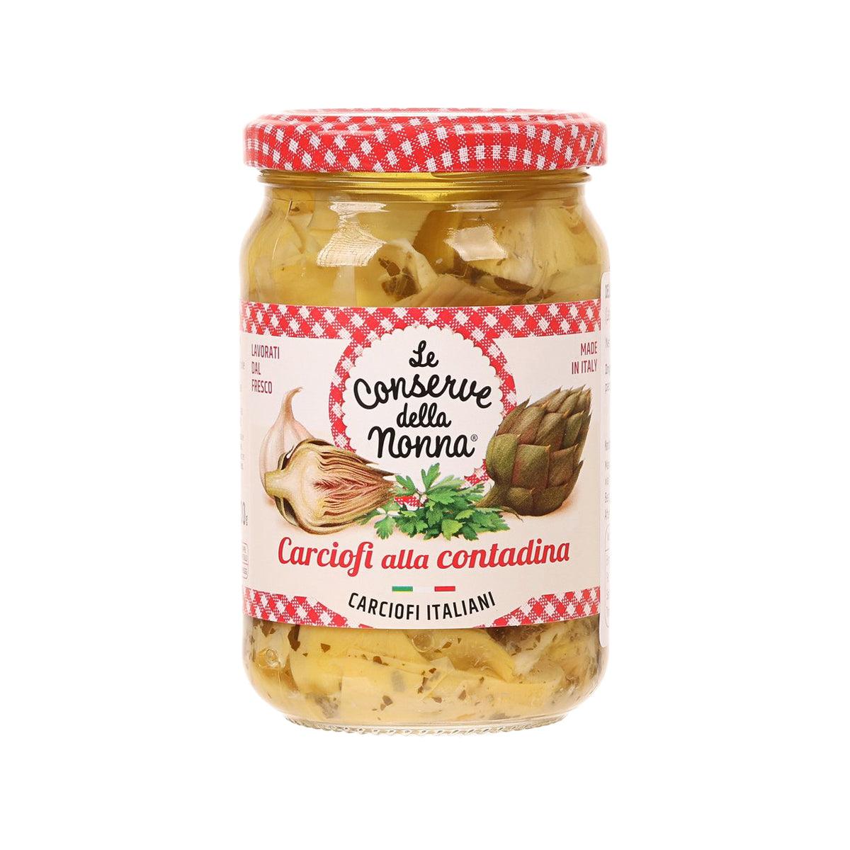 Artichoke hearts jar in sunflower oil with garlic & parsley, front label