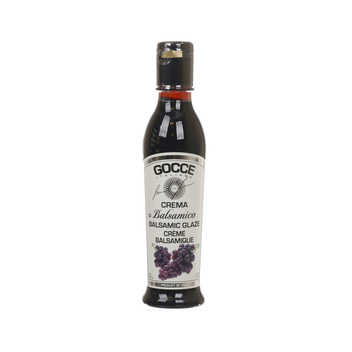 GOCCE balsamic glaze bottle with crema balsamic label, dark glass container, 220 g