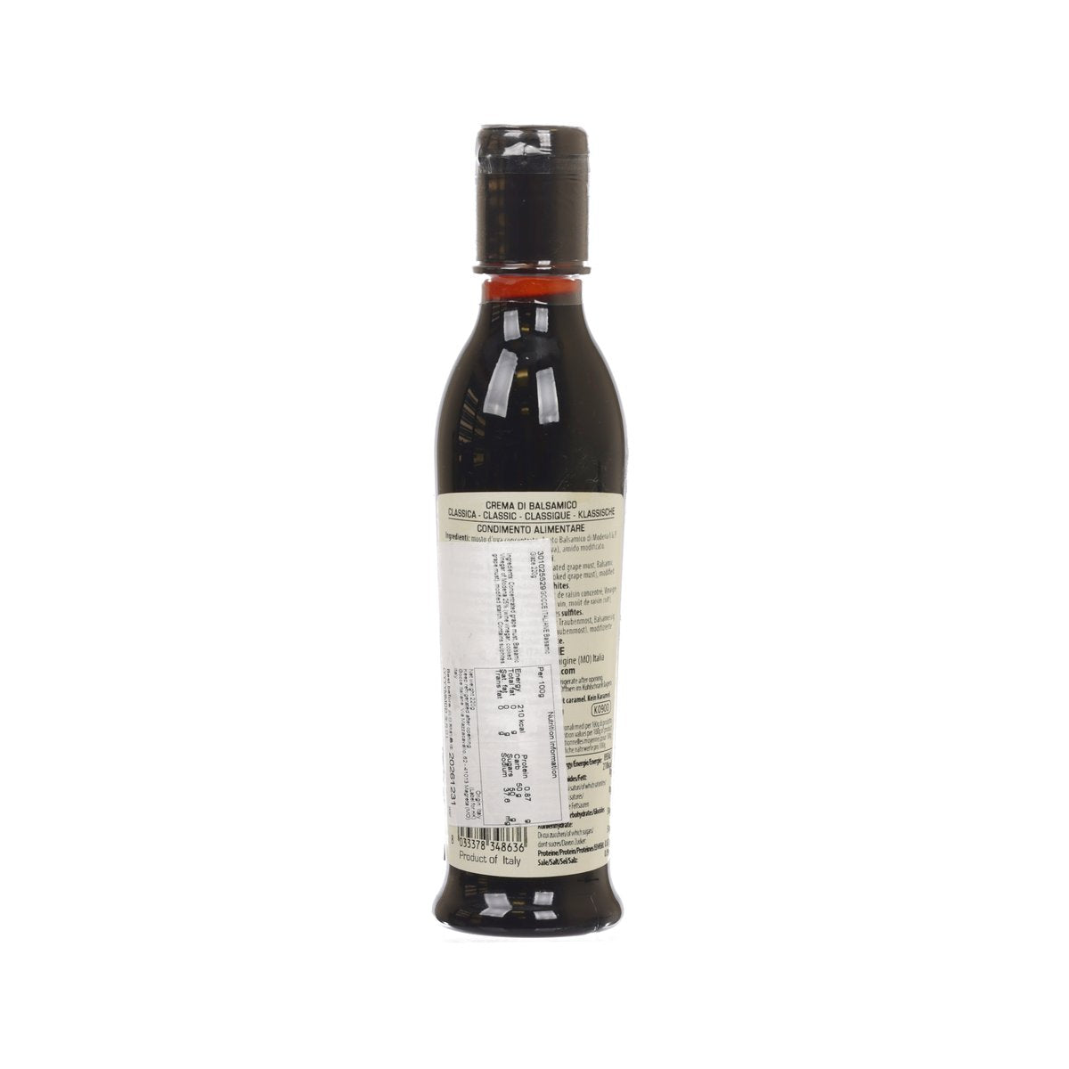 GOCCE balsamic glaze bottle back label with barcode and ingredient text