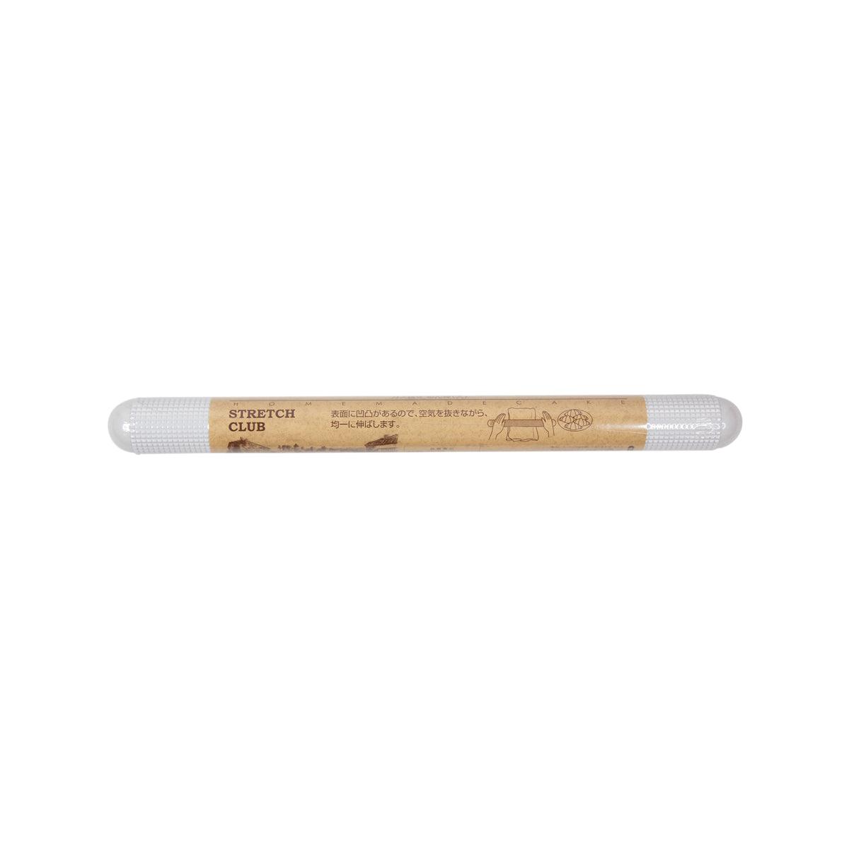 Rolling bar with printed 'STRETCH CLUB' text, wood center, white textured grip ends