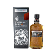 Highland Park 12-year single malt whisky bottle with neck label and gift box