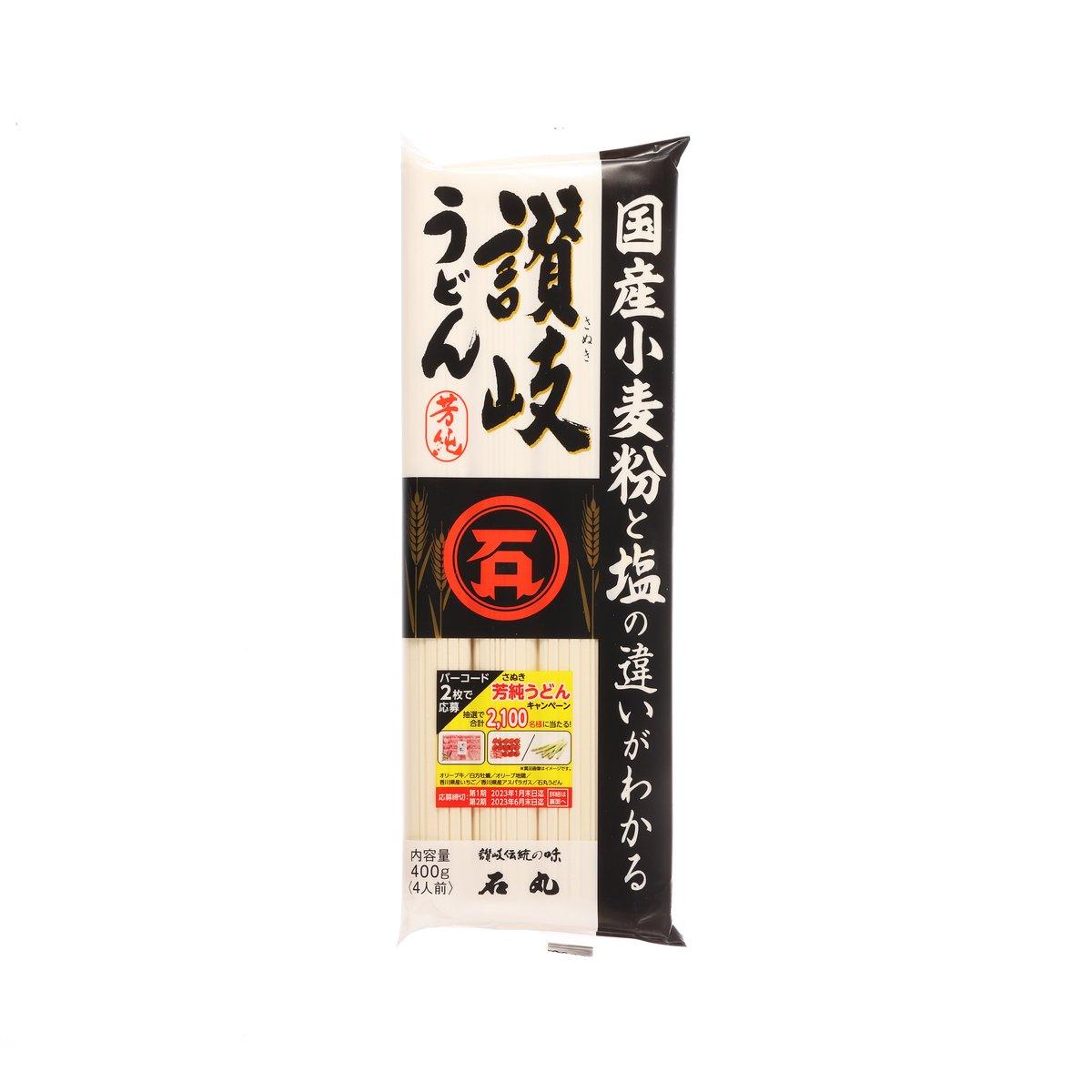 Dried udon noodle pouch, 400 g, front label with red emblem