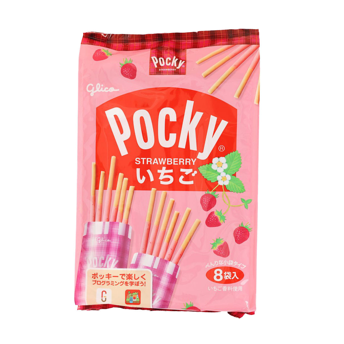 Strawberry Pocky biscuit stick 8-pack bag, pink with stick graphics