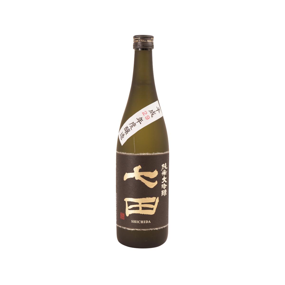 SHICHIDA Junmai Daiginjo sake bottle, dark brown glass with cream label