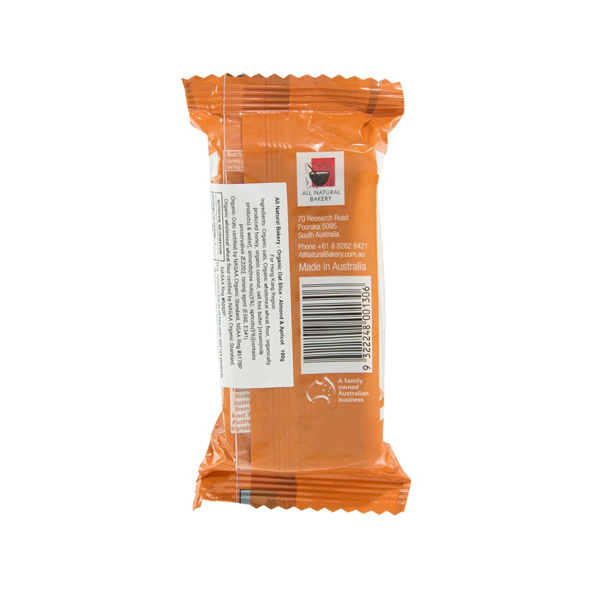 All Natural Bakery oat slice Almond & Apricot 100g package, back label view