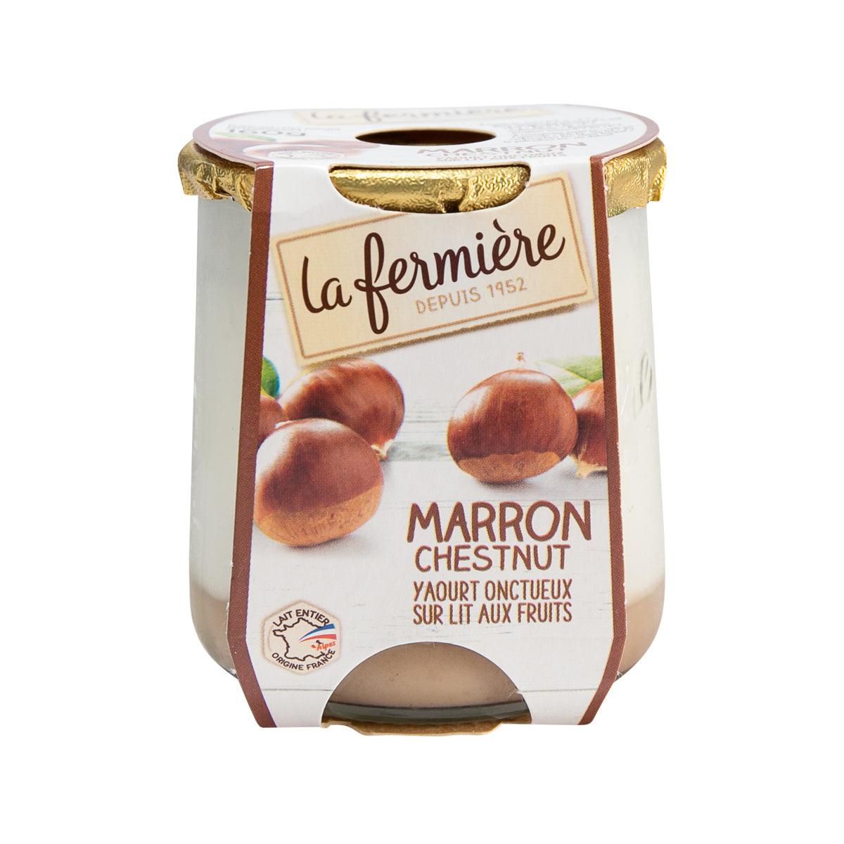 La Fermiere Marron Chestnut yogurt tub, sealed plastic cup with gold foil lid