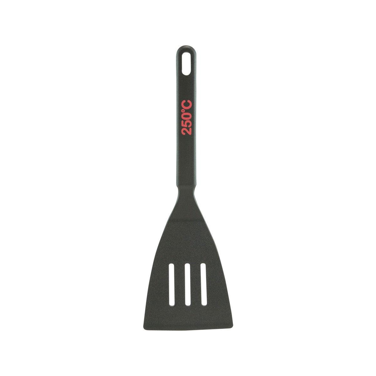 Dark short slotted cooking turner with hanging hole and 250°C heat rating