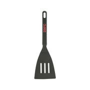 Dark short slotted cooking turner with hanging hole and 250°C heat rating