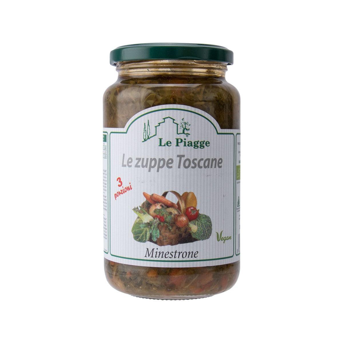 Organic minestrone soup jar with green lid and vegetable chunks, Le Piagge label