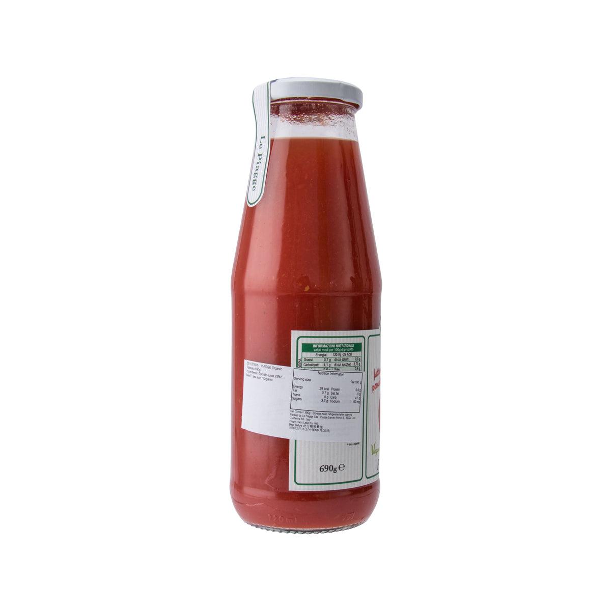 Organic tomato passata 690g in glass bottle, back label with nutrition