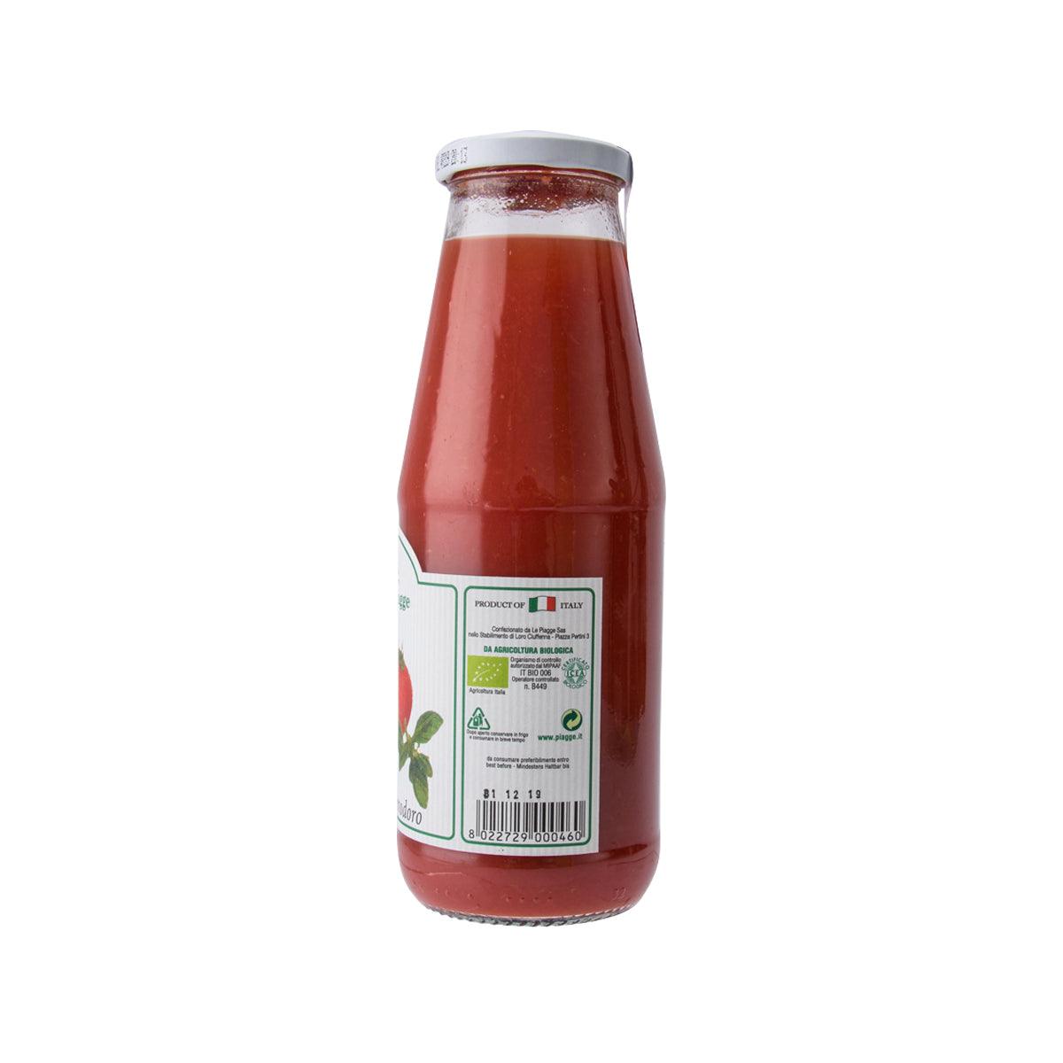 Organic tomato passata 690g in glass bottle, side label view
