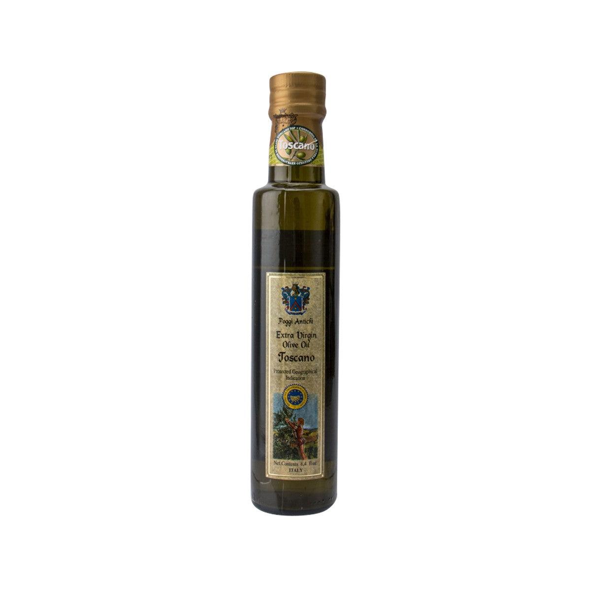 Extra virgin olive oil bottle with gold cap and printed label, 250 mL