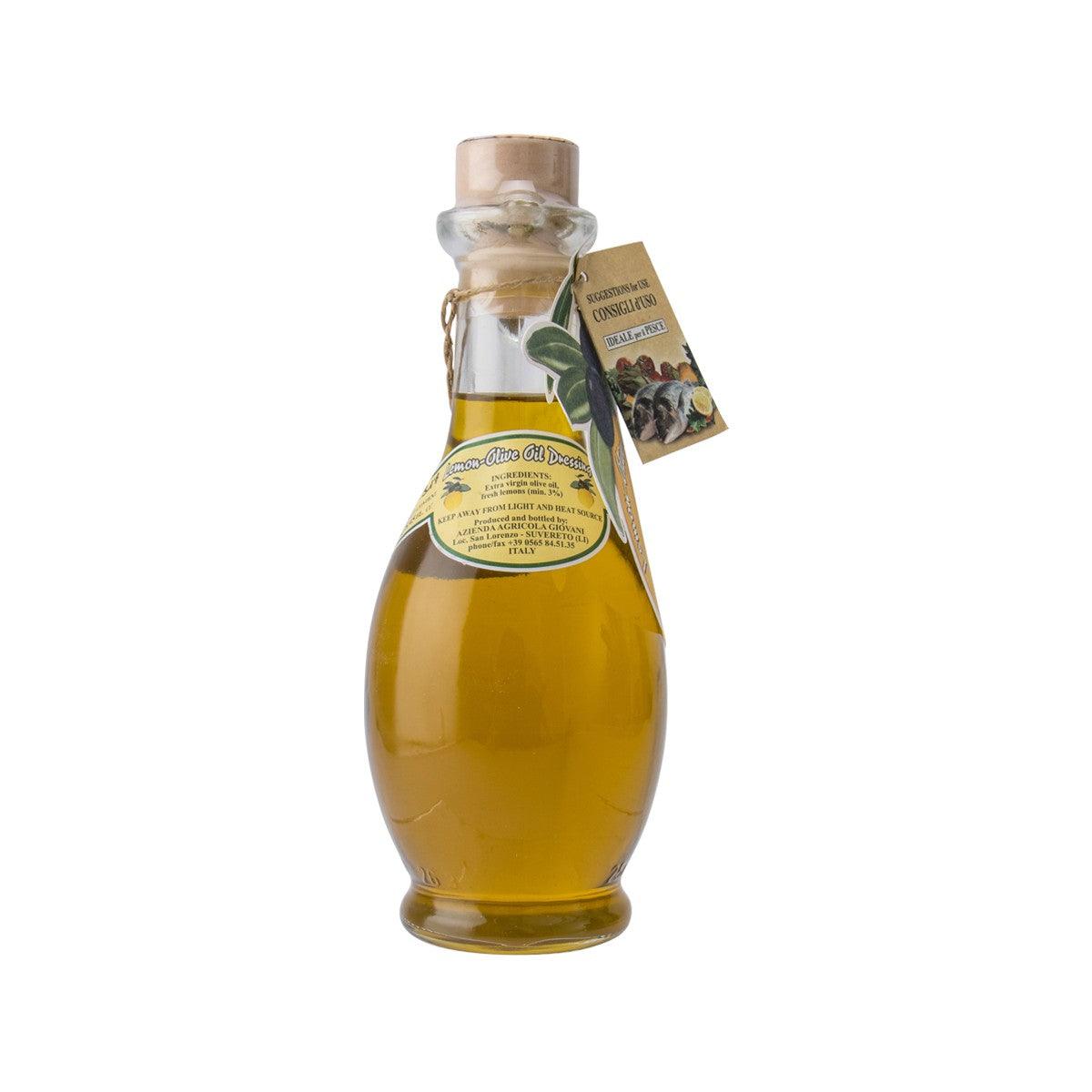 Glass lemon-olive oil dressing bottle with cork, 250 mL, GIOVANI label