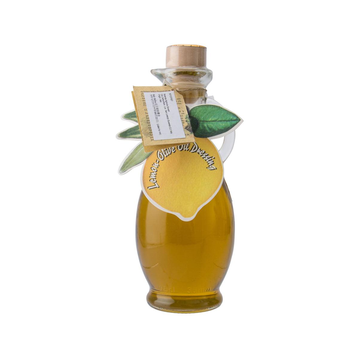 Glass lemon-olive oil dressing bottle with cork and leaf-shaped label, GIOVANI, 250 mL