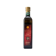 Extra virgin olive oil bottle, dark glass, gold cap, front label