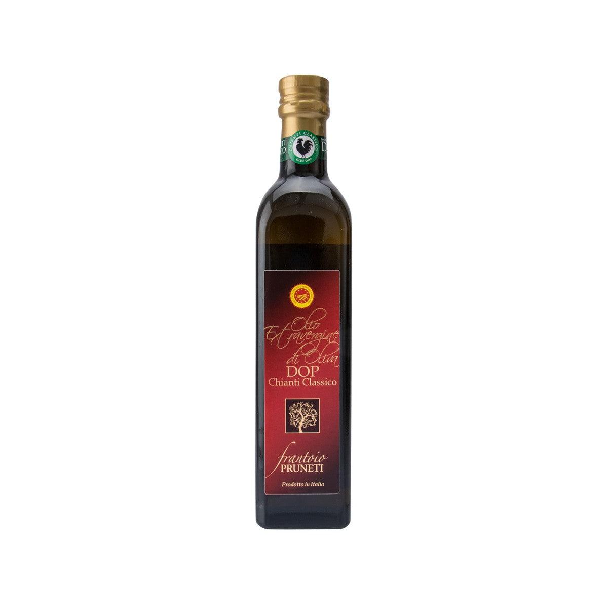 Extra virgin olive oil bottle, dark glass, gold cap, front label