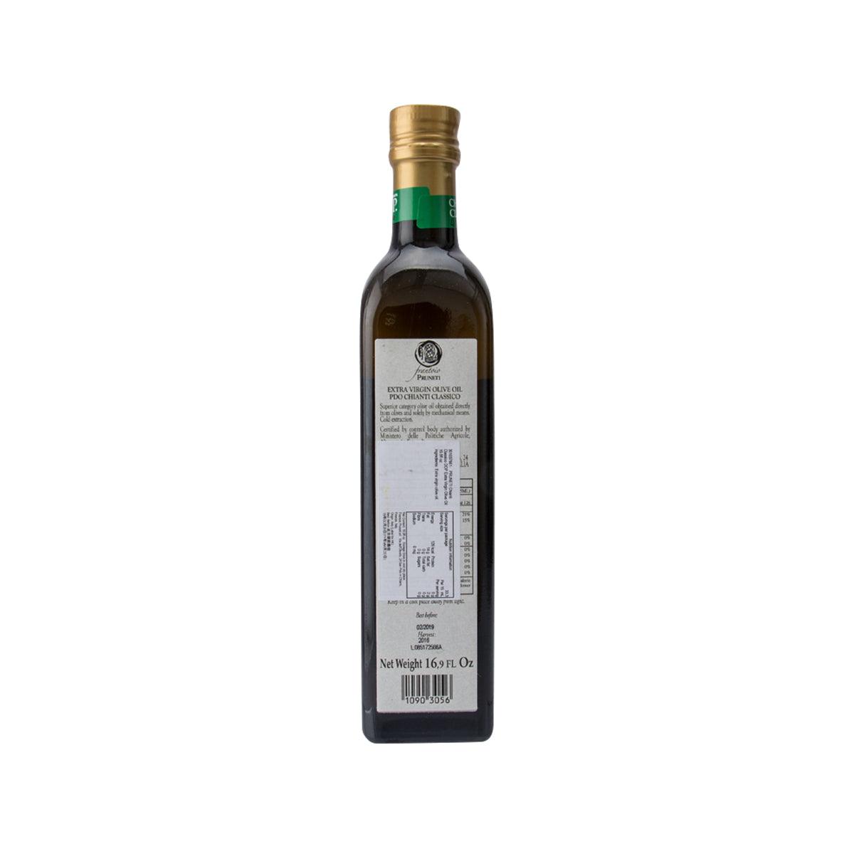 Extra virgin olive oil bottle, dark glass, gold cap, back label text