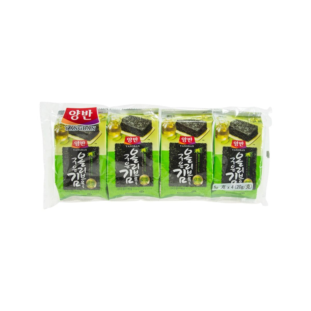 DONGWON olive oil seasoned laver snack pouches, 20g pack with four servings