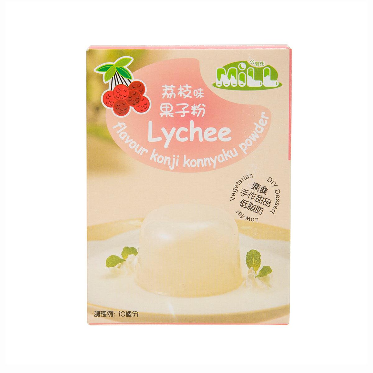 Lychee flavor konjac powder packet, 100g, pale beige with lychee fruit graphics.