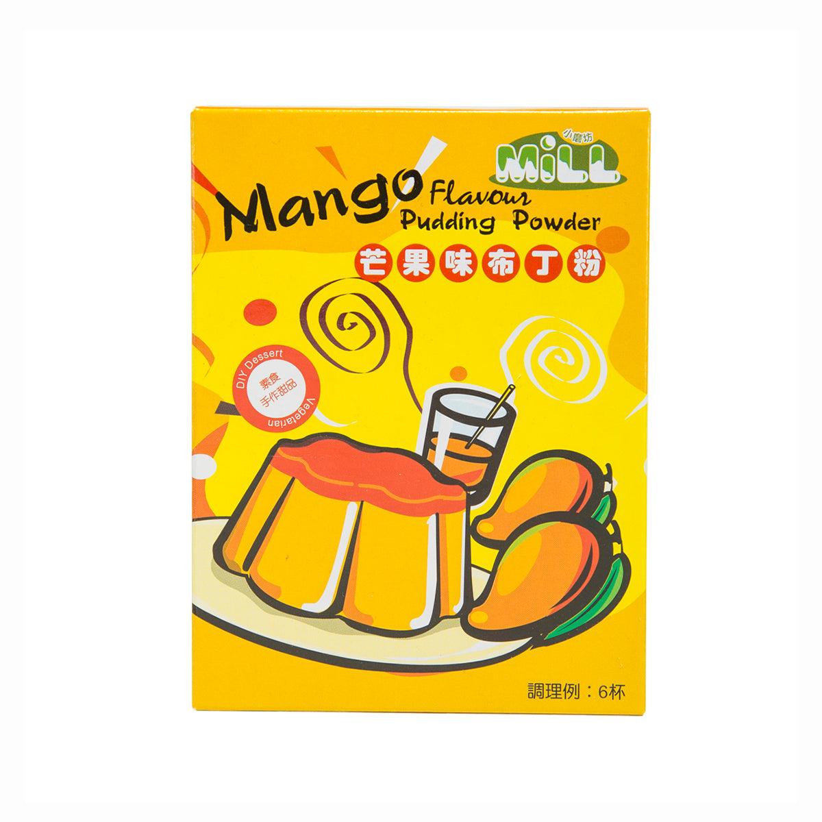 Yellow MILL mango pudding powder box with mango drink illustration and flavor text