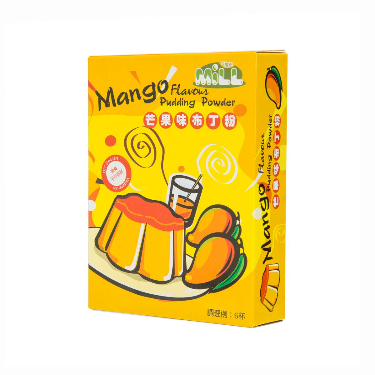 Yellow MILL mango pudding powder box, front side with vertical flavor text panel