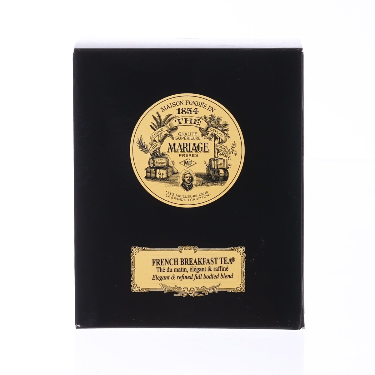 French breakfast tea leaves tin, black box with gold logo and label