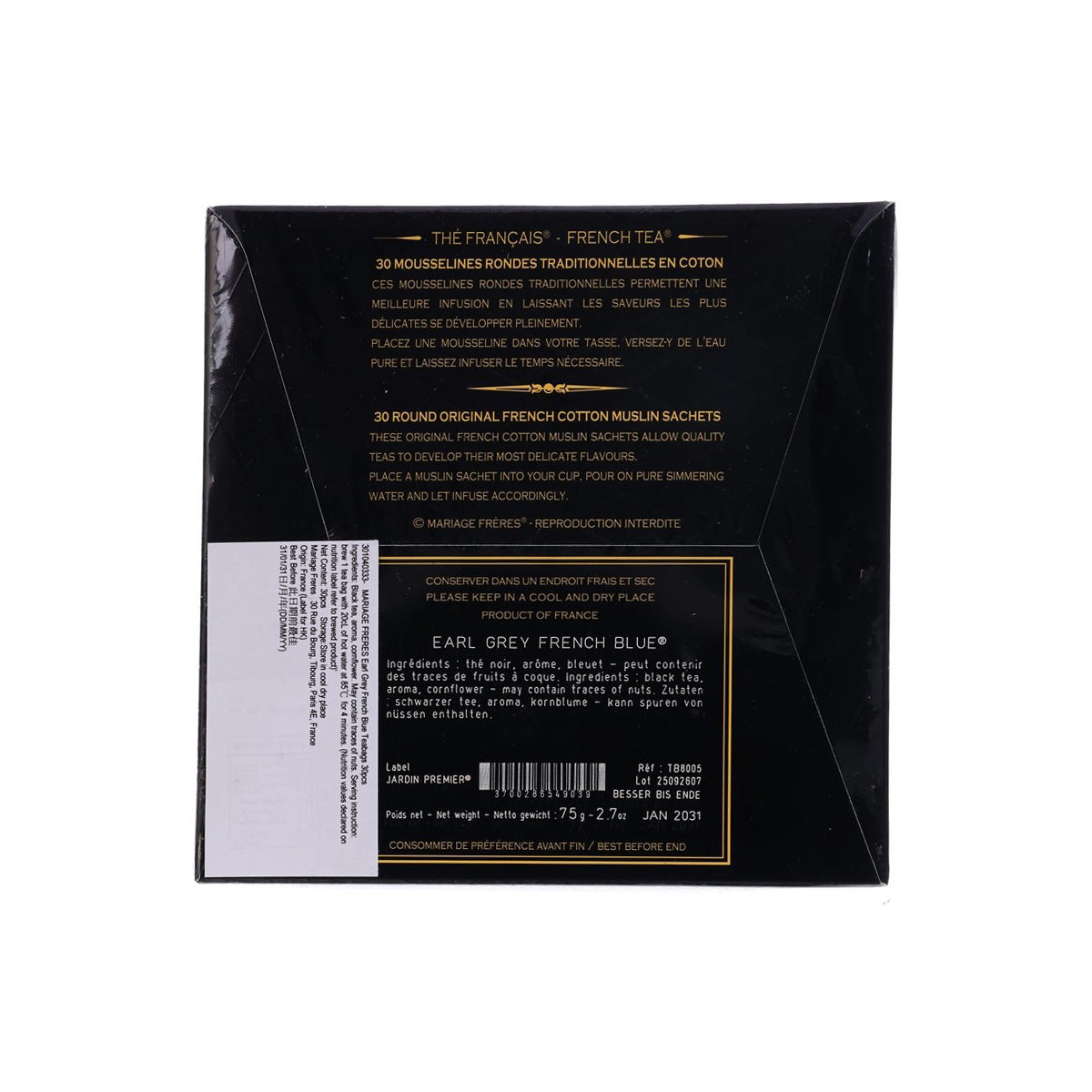 Black tea bag box back label with Earl Grey French Blue details and 30 count