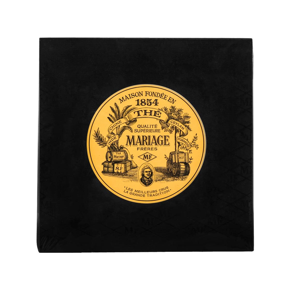 Mariage Freres Earl Grey tea bag box with gold circular emblem on black pack