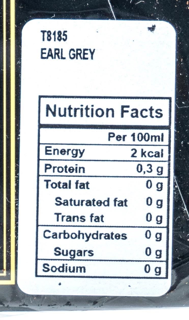 Earl Grey tea bags nutrition facts label with per 100 ml values