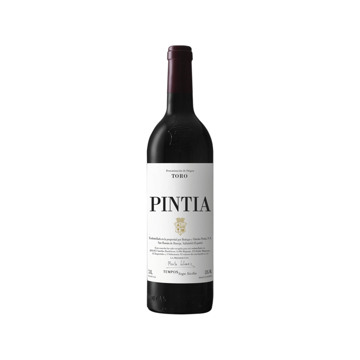Wine bottle with dark glass and label reading PINTIA, vintage-style Toro text