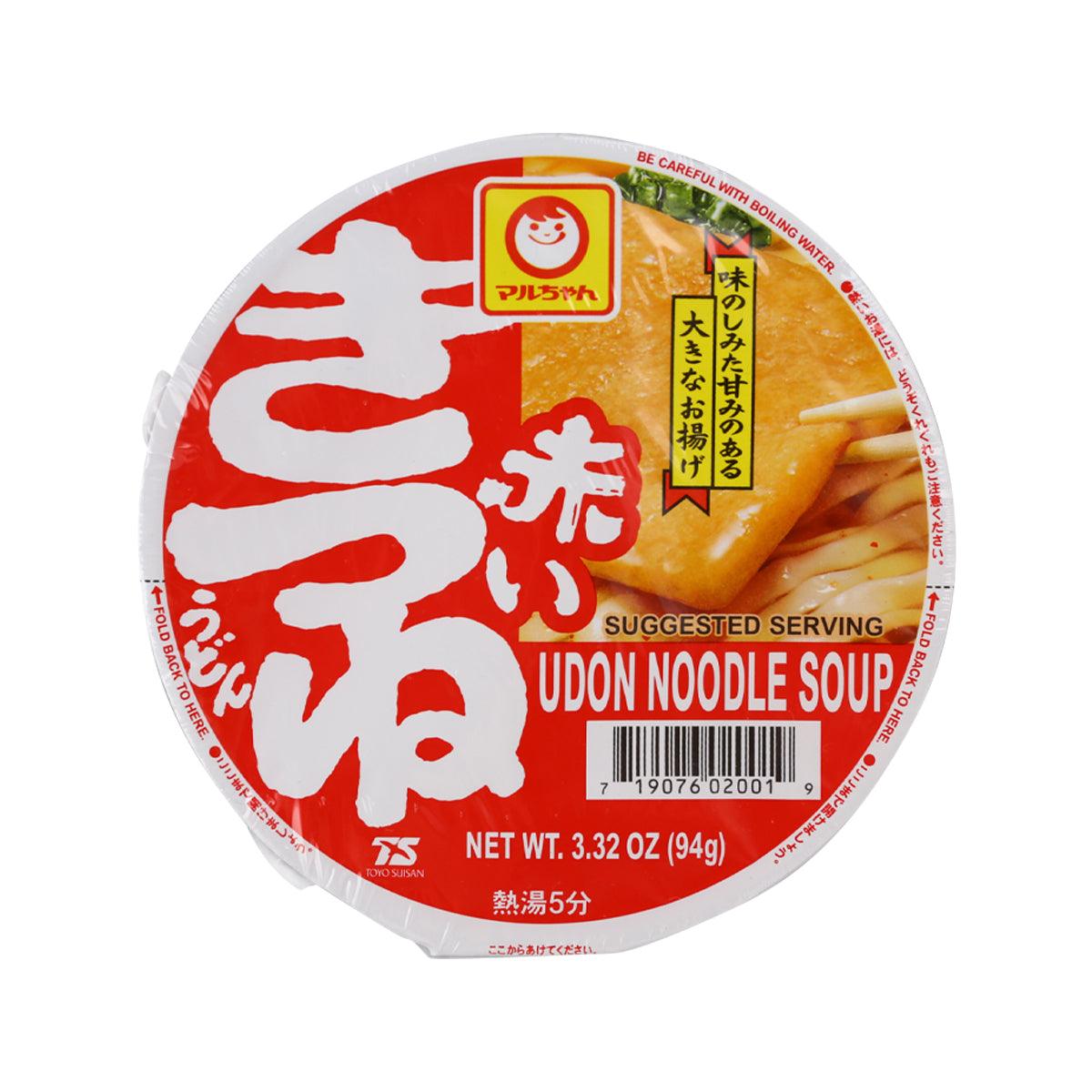 TOYO SUISAN udon noodle soup in red cup, round lid with Maruchan branding