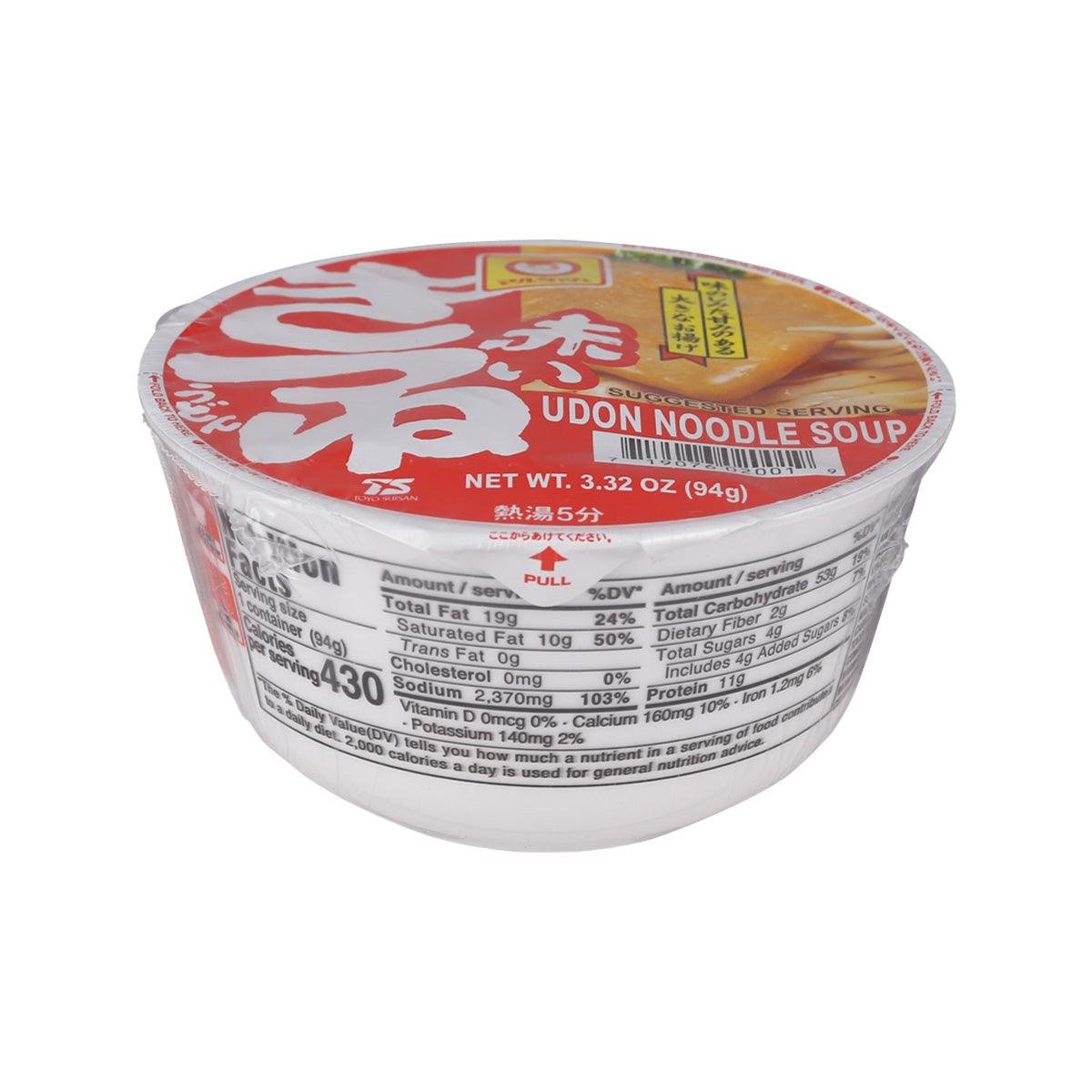 TOYO SUISAN udon noodle soup cup side with nutrition panel, red and white