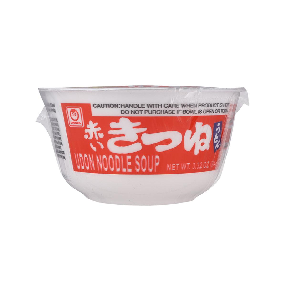 TOYO SUISAN udon noodle soup cup with red-and-white front label, clear plastic sleeve