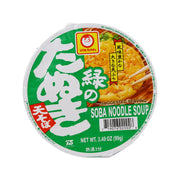 Green cup of soba noodle soup with colorful front label and ramen bowl graphic
