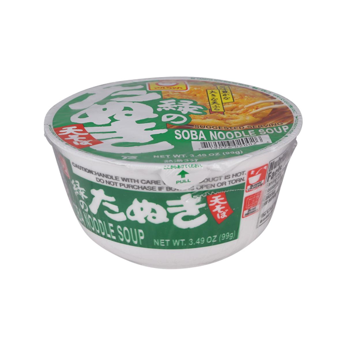 Green-labeled cup of soba noodle soup, side view with net weight and barcode