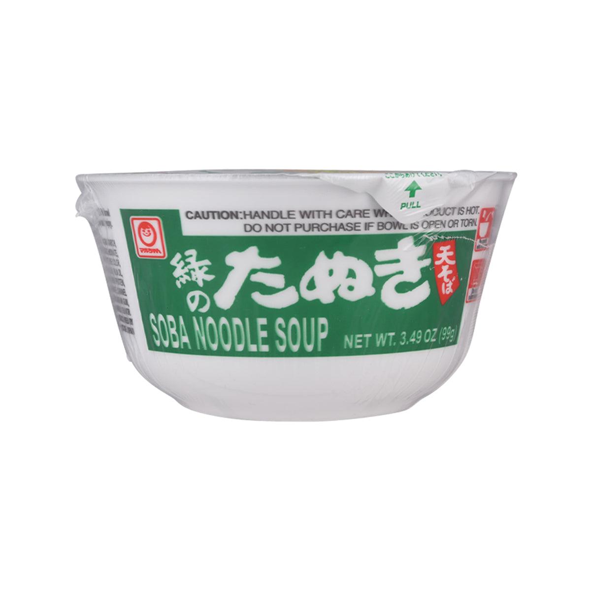 Soba noodle soup cup with green Japanese text label and warning icons